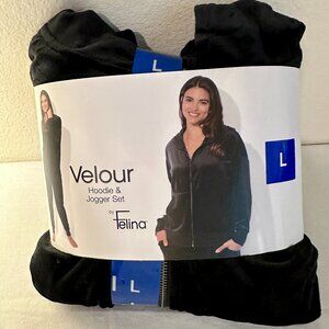 Felina Women's Velour Track Suit Size L Black Soft Loungewear Relax Fit (NEW)